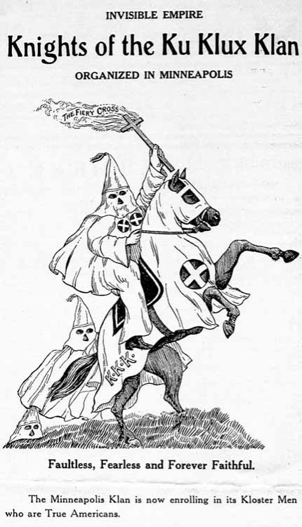 An advertisment for the KKK, a cartoon showing a klan member in hood atop a horse with a lit torch.