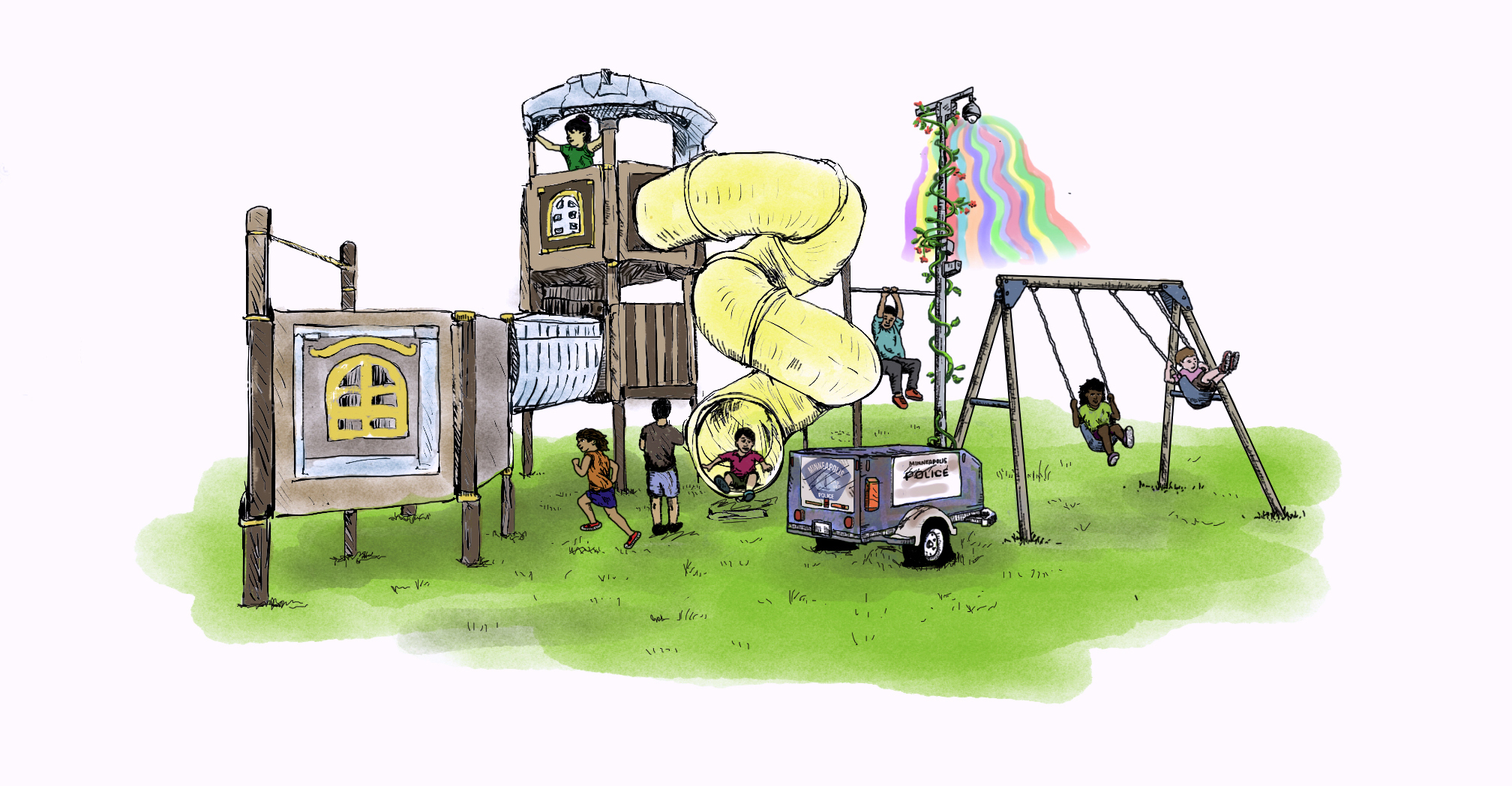 A drawing featuring children playing on a playground built around the MPD street cameras. It has light, bright colors.