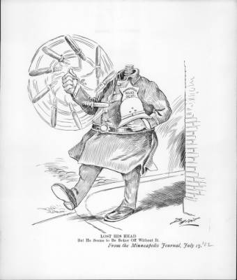 Black and White cartoon of a headless superintendent of Minneapolis police patroling and swinging his baton.