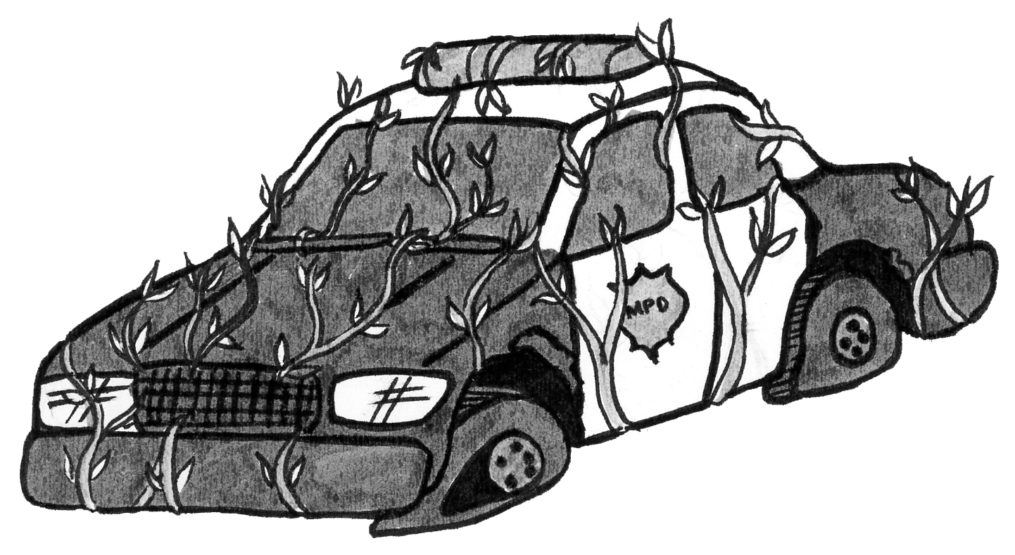 A black and white illustration of an MPD squad car. It has flat tires and vines growing all over it.