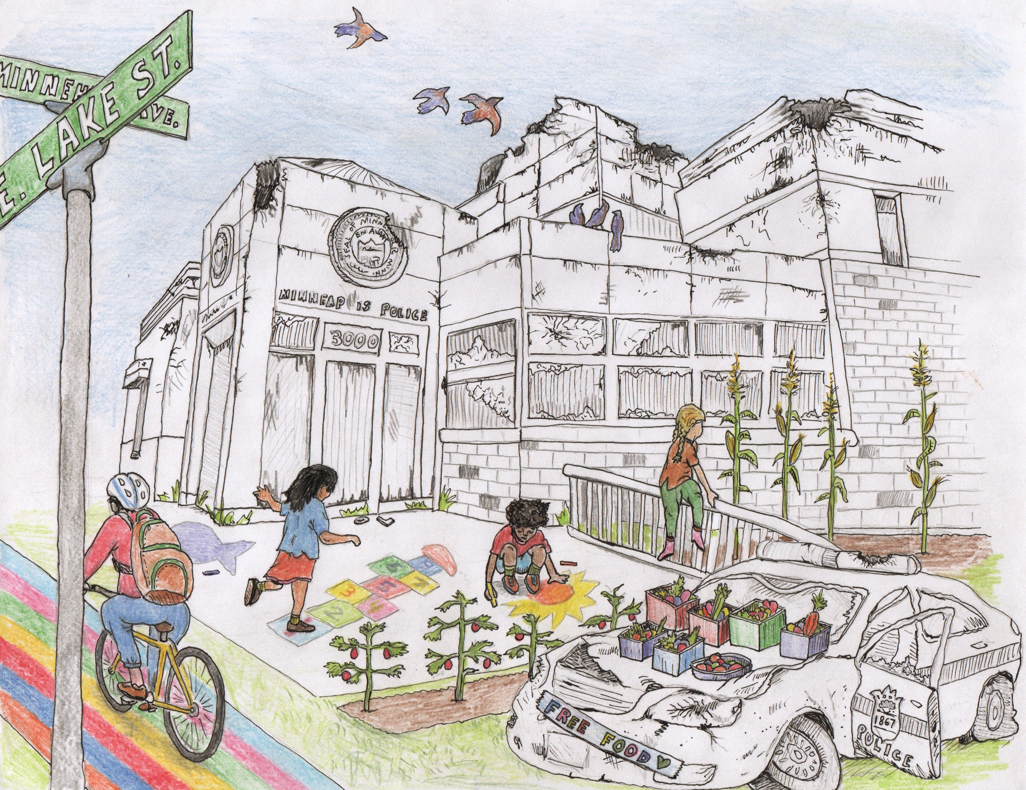 An artistic representation of community flourishing in the ruins of the MPLS third precinct- gardens, children playing, and more.